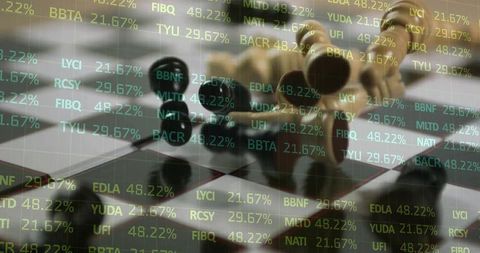 Corporate risk and investment strategy with chess pawns and market data overlay
