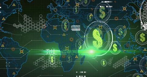 Futuristic digital dollar interface over global grid background