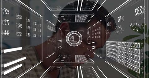 Man analyzing financial data using augmented reality hud tunnel over workstation