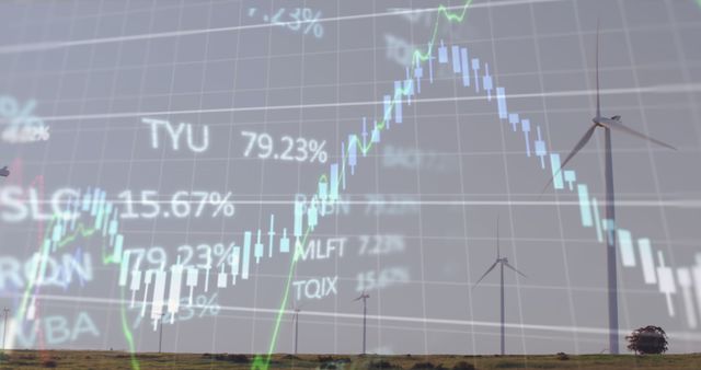 Visual represents the integration of financial market data with renewable energy imagery, highlighting sustainability in business. Use in articles or presentations about green energy investments, economic trends, renewable energy market analysis, or environmental impact of stock trades.