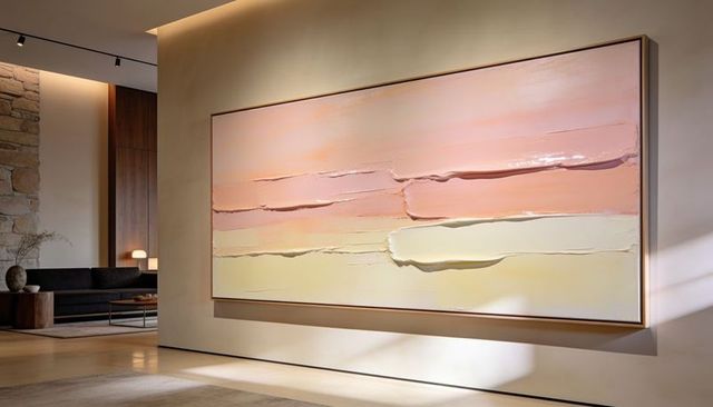 Large pastel impasto canvas dominating modern living room wall with minimalist decor