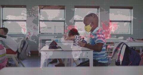 Schoolchildren Wearing Masks with Global Pandemic Overlay