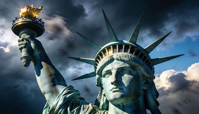 Statue of liberty holding golden torch under dramatic storm clouds, low-angle close-up