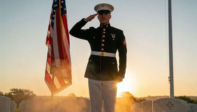 Solemn saluting us marine in dress blues by american flag at sunrise over military cemetery