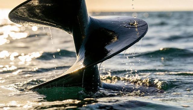 Whale Tail Fluke Lifting at Sunset Shedding Water Droplets Over Golden Ocean Ripples