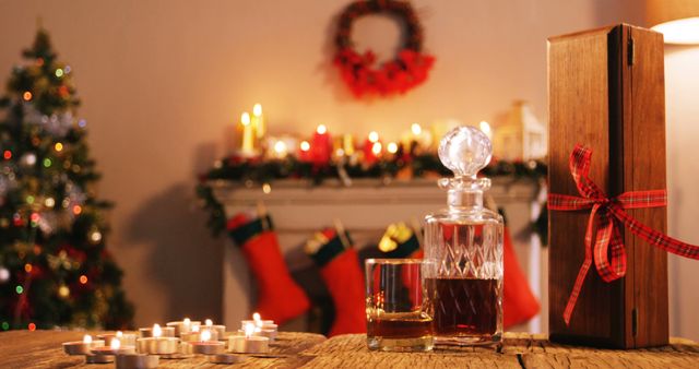 Close-up of bottle of whiskey, glass and gift box on wooden table 4k