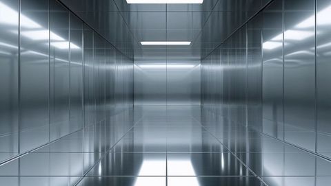 Futuristic reflective metallic corridor with recessed lighting