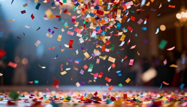 Colorful confetti falling over reflective venue floor with chandelier bokeh