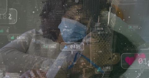 Masked caregiver comforting family member at home with urban skyline double exposure