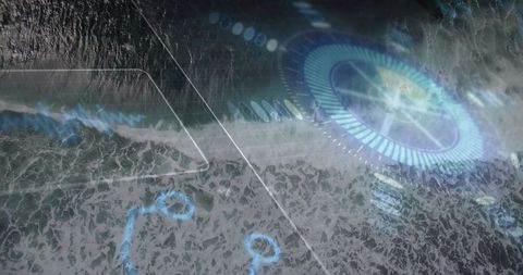 Aerial ocean hud overlay with futuristic holographic interface and waveform telemetry