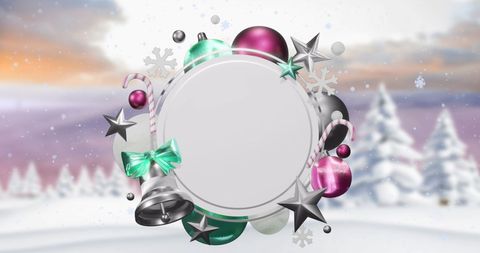 Festive christmas decorations with blank circular sign in snowy landscape