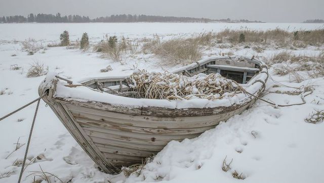 Weathered wooden rowboat resting on snowy shore with coiled fishing ropes and icy horizon