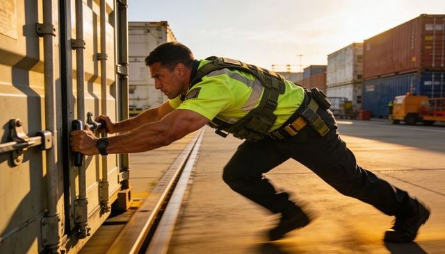 Security guard gripping container lock wearing tactical vest at port during golden hour