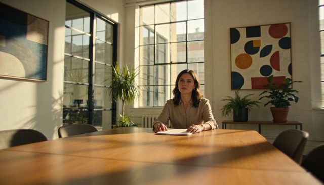 Hispanic woman sitting at loft conference table in sunlit minimalist industrial office