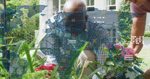 Couple tending garden with global data map overlay, sustainable smart gardening concept