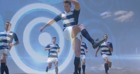 Rugby Team in Action with Digital Interface Overlay