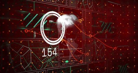 Futuristic cybersecurity dashboard with globe hud and network analytics visualization