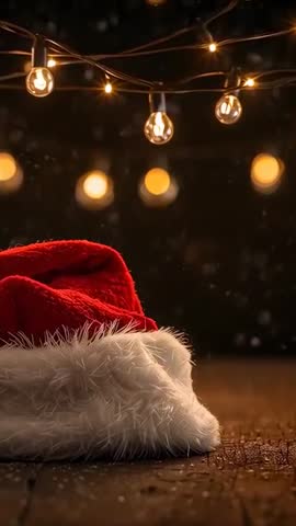 Santa Hat Resting on Wood Floor under Warm String Lights with Falling Snow - Vertical Holiday Clip