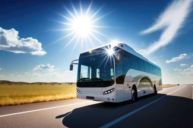 Modern bus moving on an open highway under bright sunlight with a clear sky in the background. Ideal for promoting transportation services, travel agencies, summer road trips, and scenic journeys through open countryside.