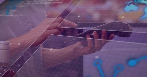 Hands Tapping Tablet with Futuristic Holographic HUD Interface and Data Visualization
