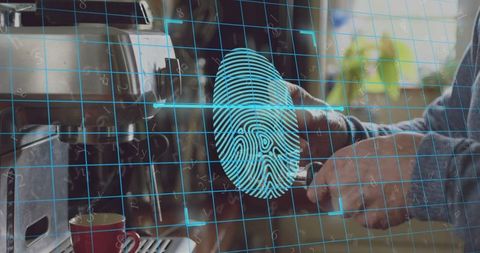 Senior man adjusting coffee machine with futuristic fingerprint overlay