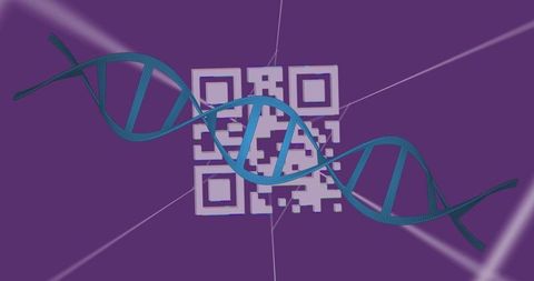 DNA Strand Overlaying QR Code on Purple Background