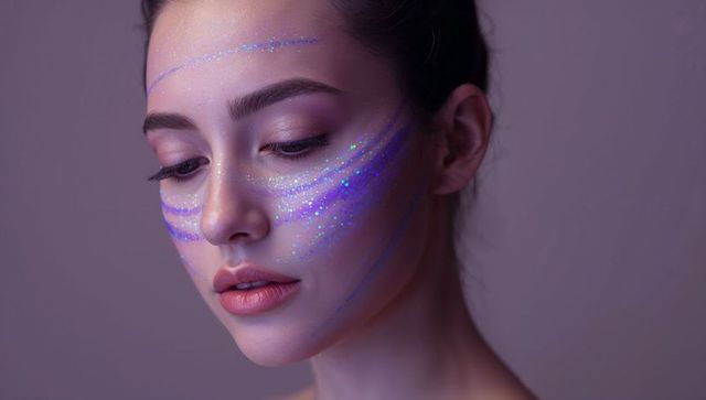 Elegant Female Model with Iridescent Glitter Makeup in Studio Setting