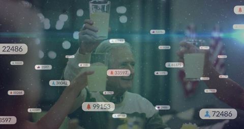 Senior man raising glass in multigenerational family toast with social media notifications overlay