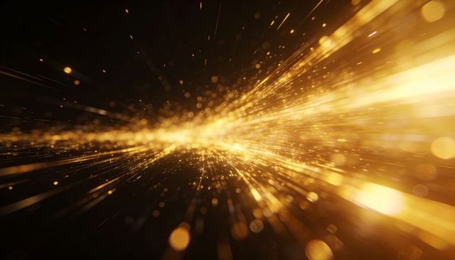 Streaming golden particle trail racing through dark tunnel of luminous light streaks