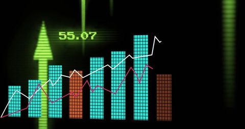 Neon futuristic finance dashboard showing rising pixelated bar chart and trend lines