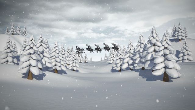 Silhouette of Santa Claus with reindeer flying beneath a gray sky amidst a snowy forest. Gently falling snowflakes add to the winter holiday atmosphere. Suitable for festive greetings, seasonal advertisements, and holiday-themed digital projects showcasing the magic of Christmas.