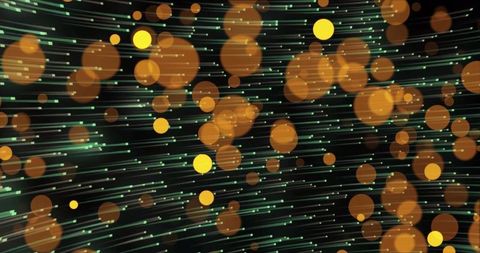 Futuristic digital interface with orange orbs and green streaks