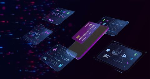 Neon Futuristic Smartphone with Floating Credit Card and Holographic Fintech UI Panels