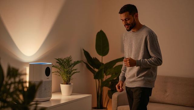 Young man adjusting air purifier in cozy living room with plants and ambient lighting