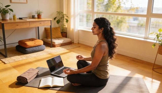 Meditating woman practicing mindfulness with laptop on sunlit yoga mat in cozy home