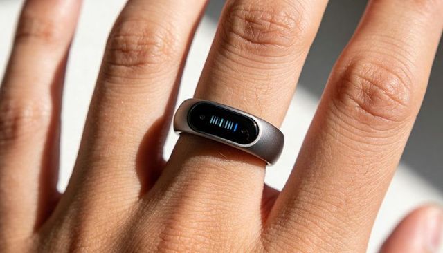 Smart ring wearing on middle finger with blue oled display and metal band in sunlight