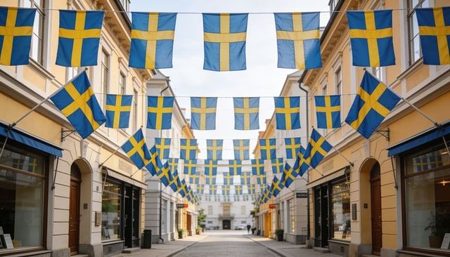 Swedish flags canopy celebrating national day over historic cobblestone shopping street