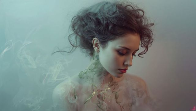 Contemplative asian woman portrait with curly updo, ethereal mist and botanical vines