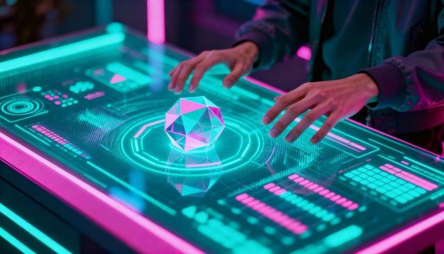 Futuristic Holographic Interface Projecting Geometric Polyhedron Above Neon Touch Table