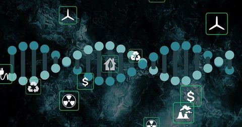Digital dna helix dashboard visualizing energy, sustainability, finance and network data