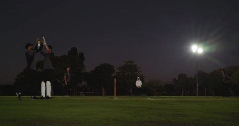 Night cricket teammates celebrating under floodlights high-fiving near stumps on field
