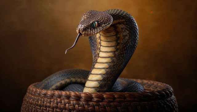 Coiled cobra rising from wicker basket, hood spread, tongue flicking, studio lighting