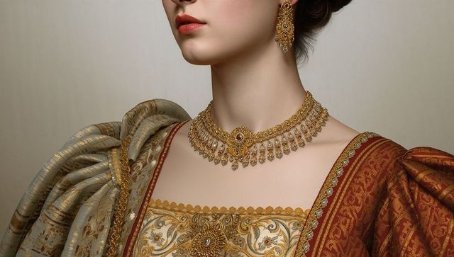Victorian-inspired noblewoman wearing gold necklace and embroidered brocade gown