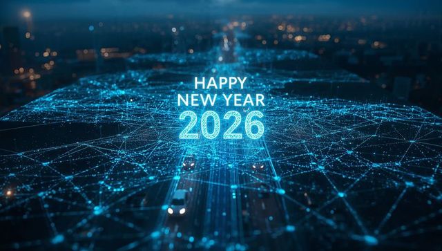Happy New Year 2026 Over Futuristic Digital Network on Smart City Highway at Night