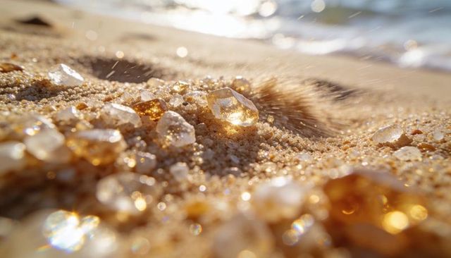 Sunlit amber glass pebbles on sandy shore macro, sparkling crystals and coastal bokeh