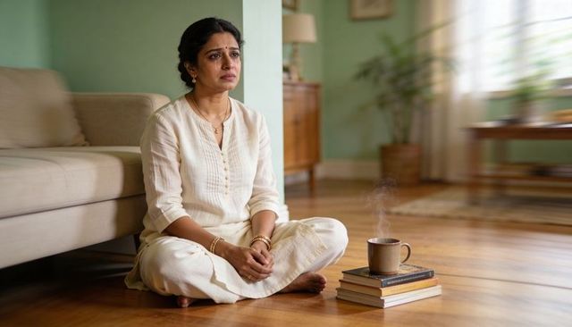 Contemplative indian woman sitting on floor in white kurta with steaming mug on books