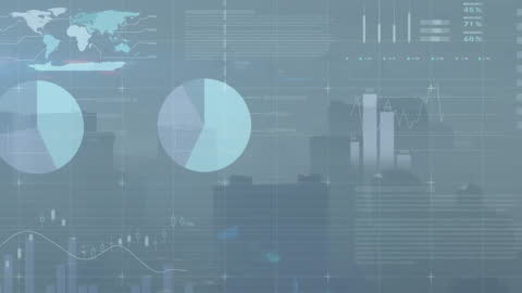 Digital Infographic Interface Over Cityscape in Fog