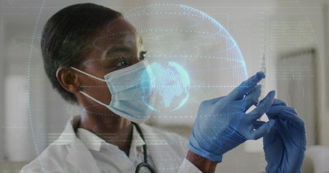 Clinician Preparing Vaccine Syringe with Futuristic Holographic Globe Data Overlay