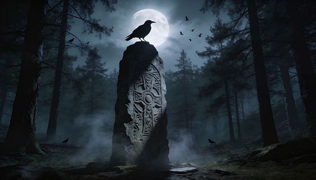 Raven perching on celtic carved monolith under full moon in misty forest