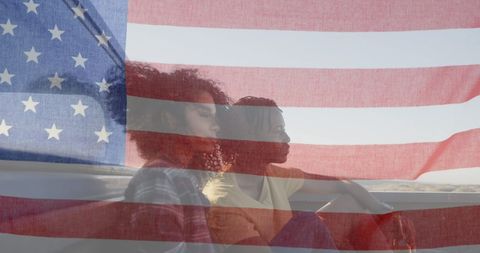 Biracial Couple Enjoying Seaside Adventure with American Flag Overlay - Download Free Stock Images Pikwizard.com